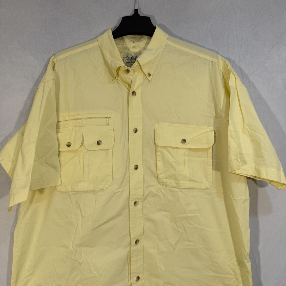 Cabelas Mens Large Yellow Vented Short Sleeve Fishing Outdoor Hike Button Up